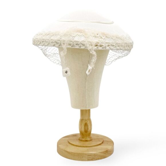 Vintage 1950s Ivory Mushroom Hat Daisy Lace Trim & Net Veil Bridal Cocktail - Picture 5 of 14